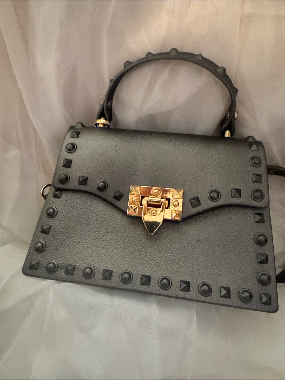Black Studded Top Handle Satchel with Gold Lock